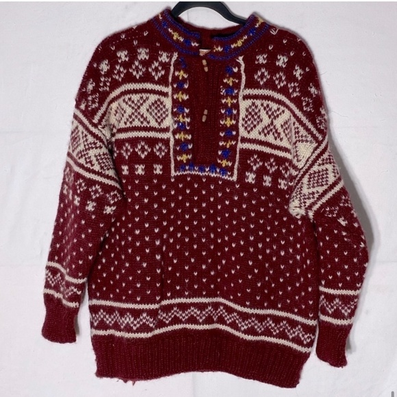 Namaste Woolens Hand Crafted In Nepal Red White Jacquard Knit Sweater L - Picture 12 of 12